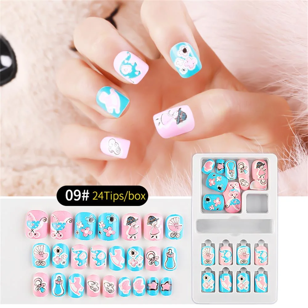 24Pcs/Set Press on Children Candy False Nail Tips Cartoon Full Cover Kid Pink Fake Nail Art for Little Girls Manicure Tool-Nail Inspo