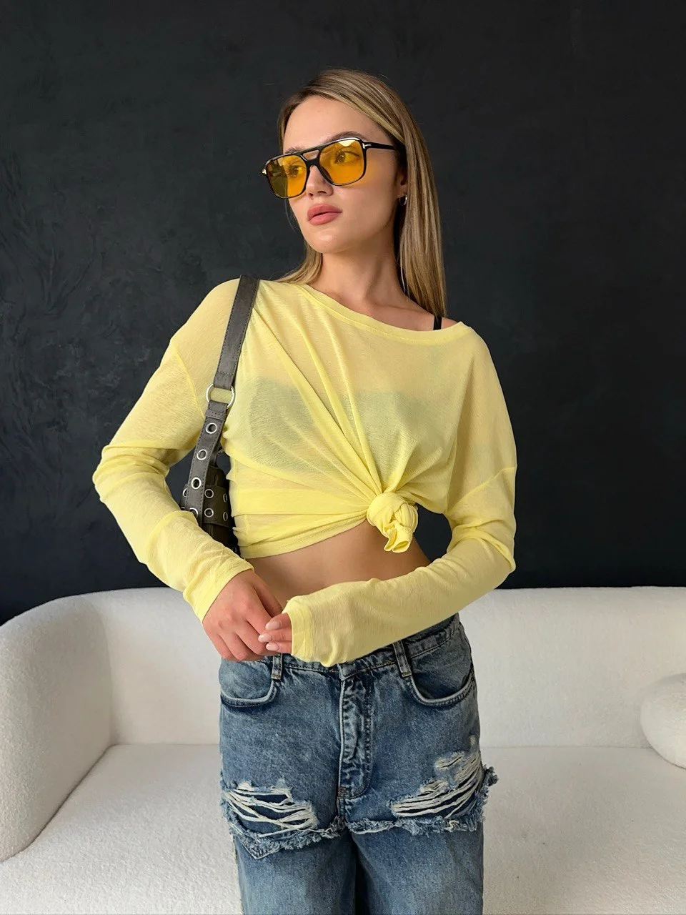 Athvotar Athvotar New Sexy Soft Leier Out-Shoulder Long-Sleeved T-Shirt Women's Transparent Top