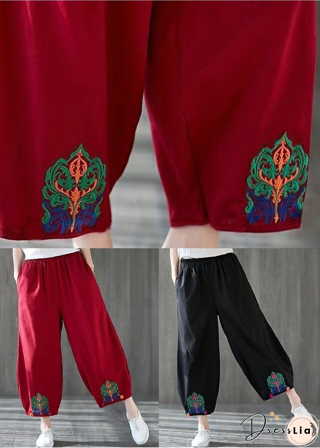 Red Pockets High Waist Cotton Crop Pants Embroidered