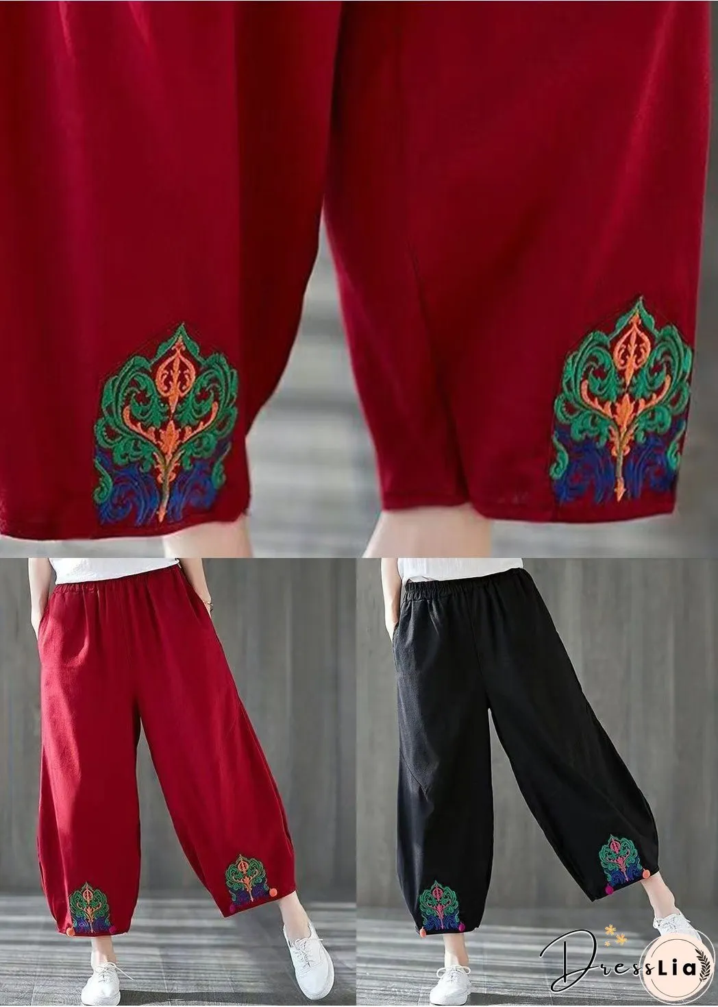 Red Pockets High Waist Cotton Crop Pants Embroidered