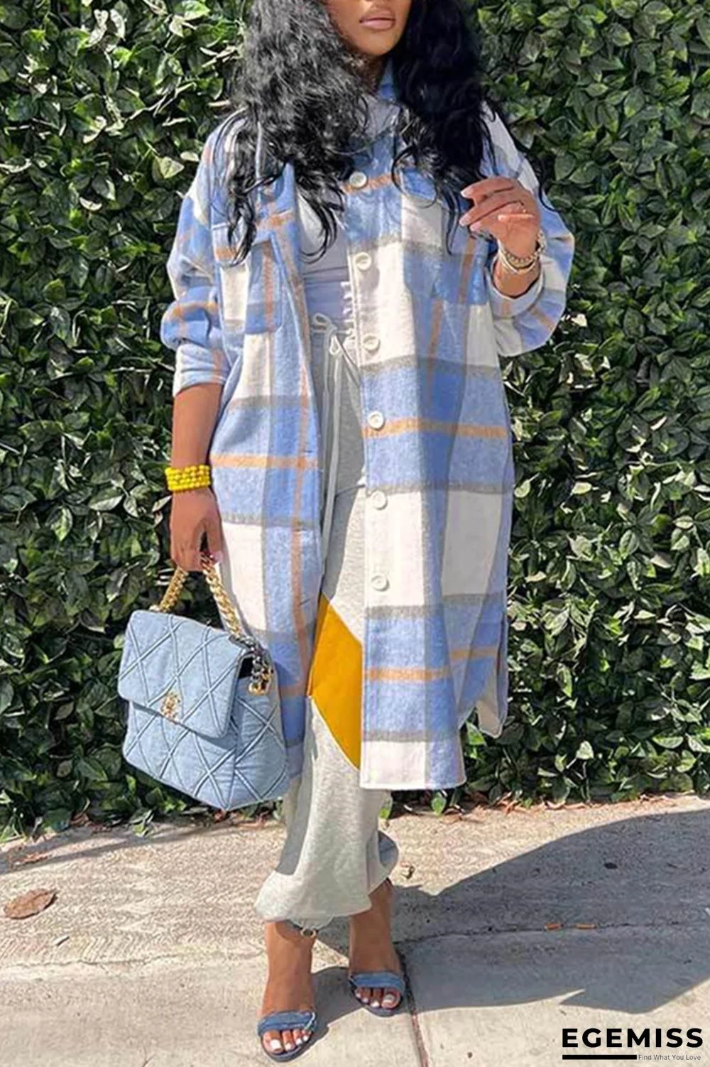 Blue Casual Plaid Print Patchwork Cardigan Turndown Collar Outerwear | EGEMISS