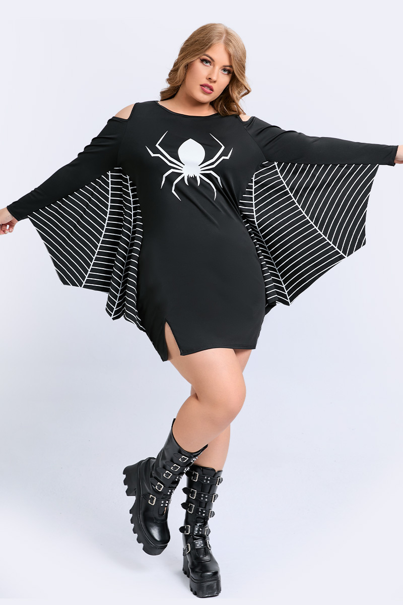 Flycurvy Plus Size Halloween Witch Costumes Black Spider Print Cold Shoulder Mini Dress (Only Dress) 2024 - Flycurvy 