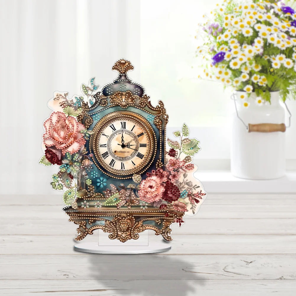 DIY Vintage Flowers Acrylic Special Shaped 5D Diamond Painting Clock Art Craft