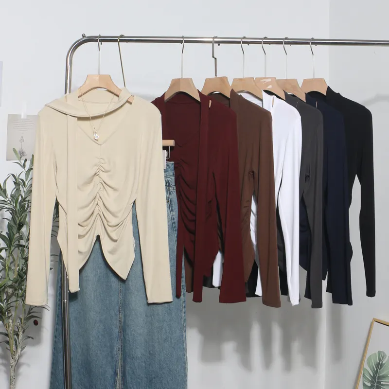 Uveng Real Shooting Explosion Long-Sleeved T-Shirt Girl Autumn Folded Waist-Bottomed Shirt V-Neck Ribbon Open Fork Short Top 9080