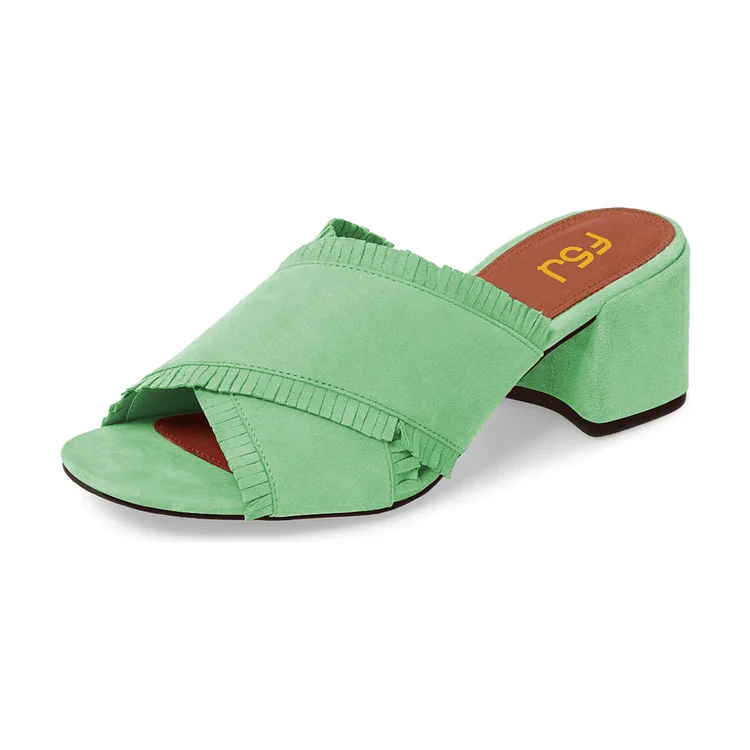 Mint Green Peep Toe Vegan Suede Fringe Mules Block Heel Sandals |FSJ Shoes