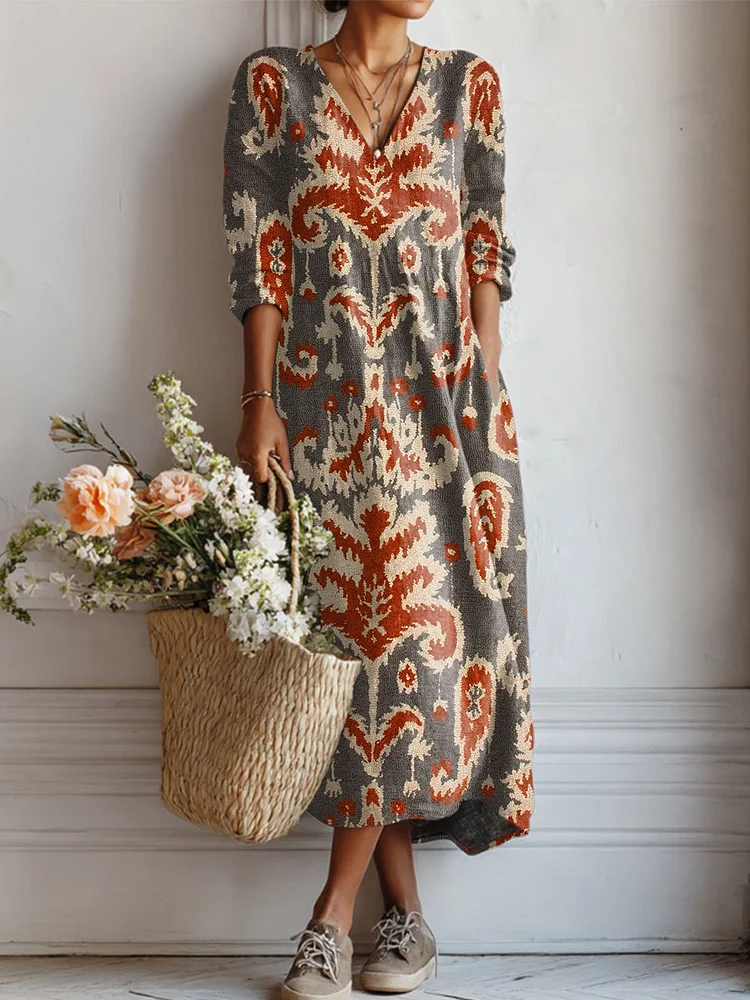 Women's Vintage Flower Art Print Linen Pocket Tunic Dress