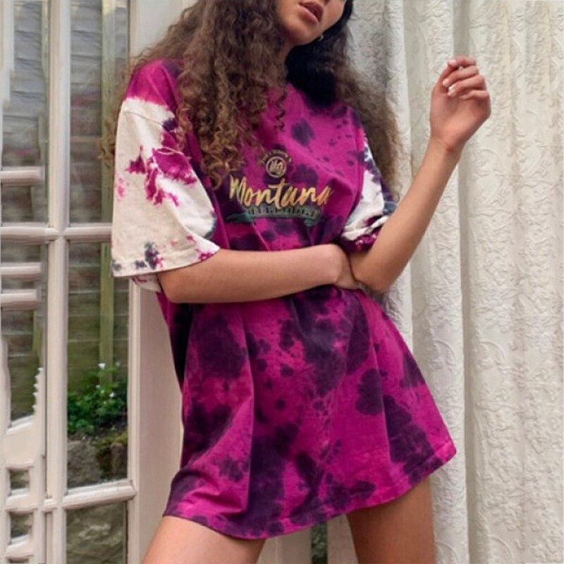 Red Tie Dye Letter Print Vintage O Neck Oversized T Shirt Women New Short Sleeve Casual T Shirts Teens 2021 Summer Plus Size tops