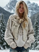 Women's Vintage Rose And Wings Embroidered Knit Hooded Sweater