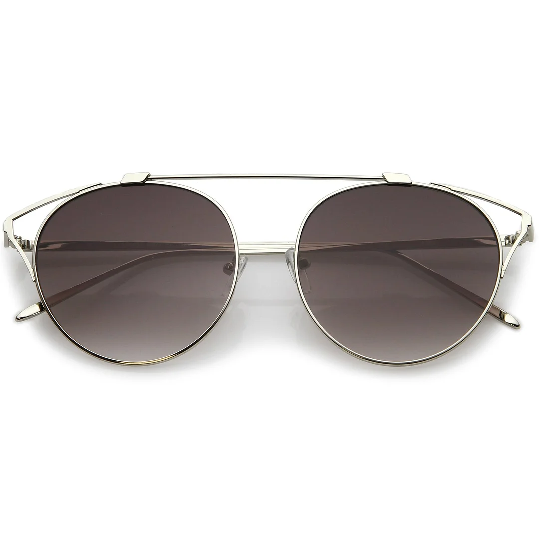 Oversize Open Metal Cat Eye Glasses With Crossbar Round Tinted Flat Lens 55mm