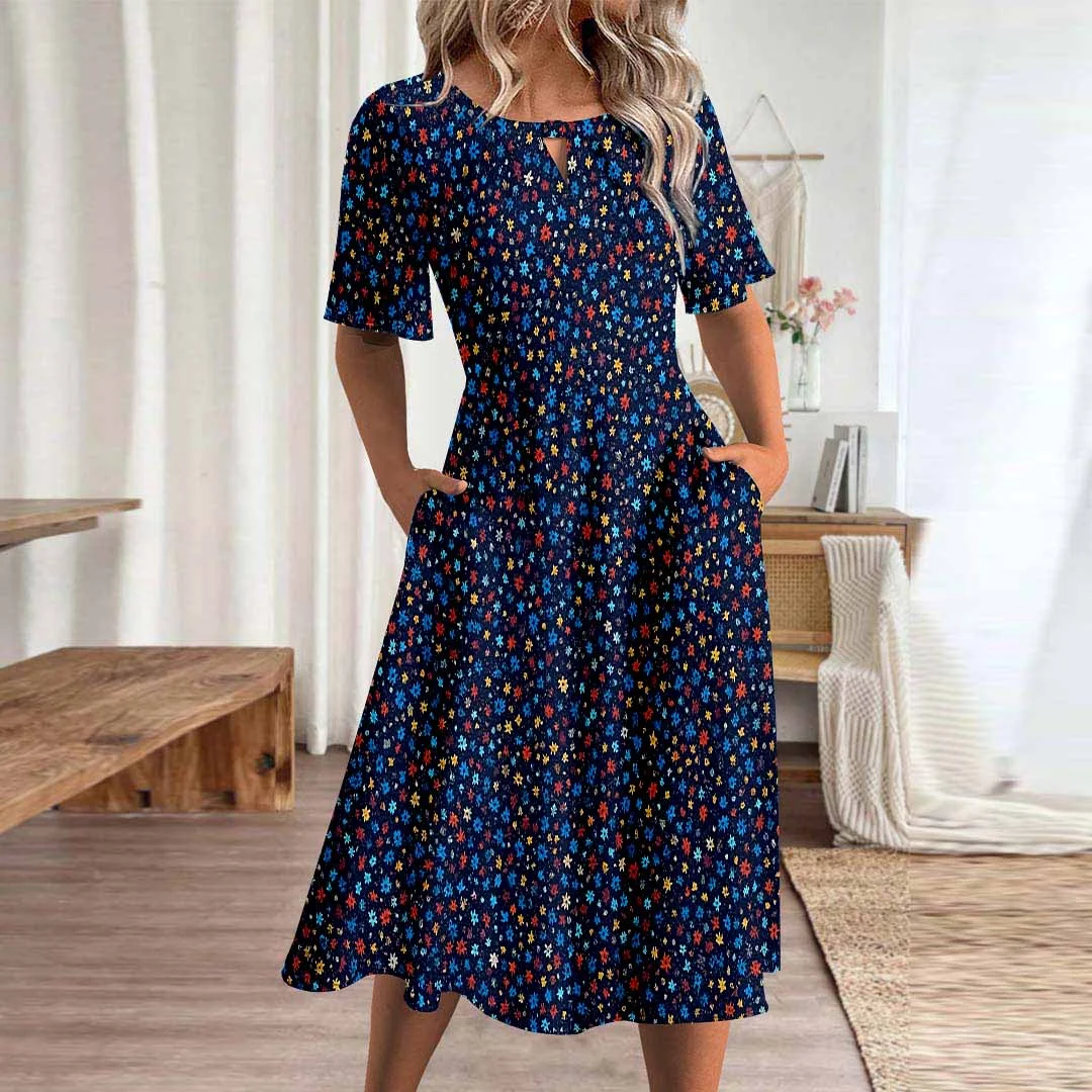 Women Polka Dot,Blue DZHA8095 Short Sleeve Scoop Neck Graphic Printed Hollow Midi Dress