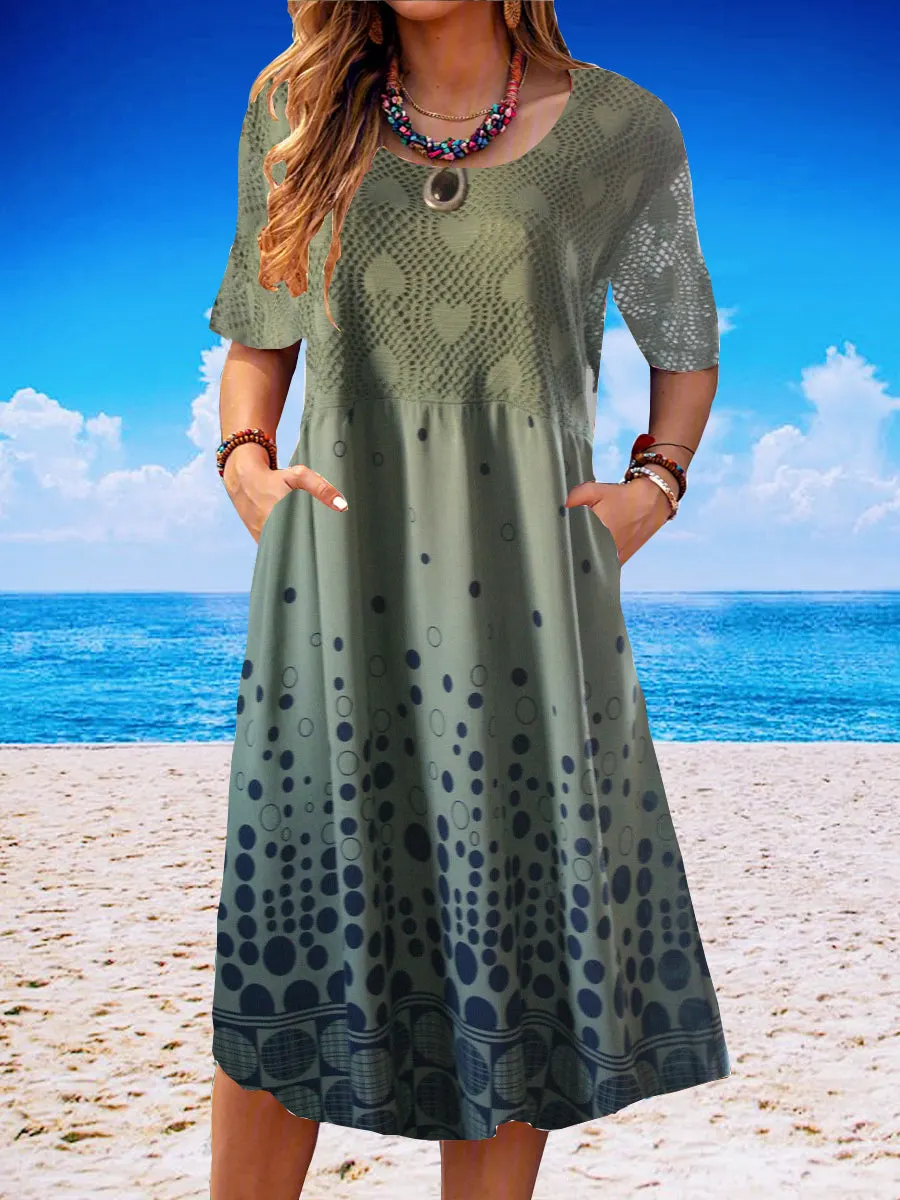 Women Casual Short Sleeve Scoop Neck Polka Dot Lace Midi Dress