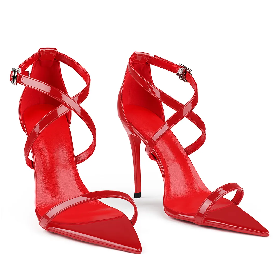 100mm Red Lined Thin Cross Strap Pointed Toe High Heels Red Bottom Party Shoes Sandals-vocosishoes