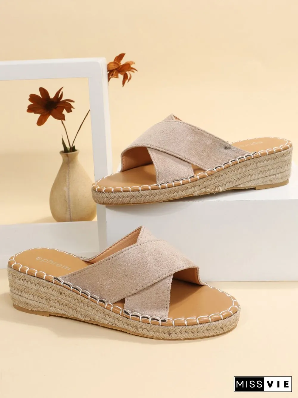 Faux Suede Cross Strap Straw Wedge Slides