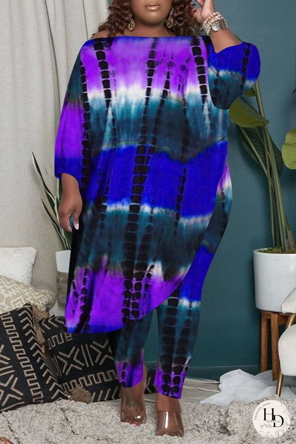 Yellow Fashion Casual Tie Dye Asymmetrical O Neck Plus Size Two Pieces