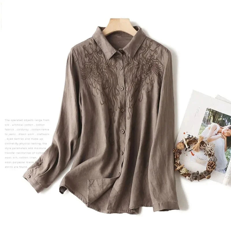 Pure cotton embroidered shirt women 2021 new lapel literary long-sleeved Korean version of large size loose shirt women