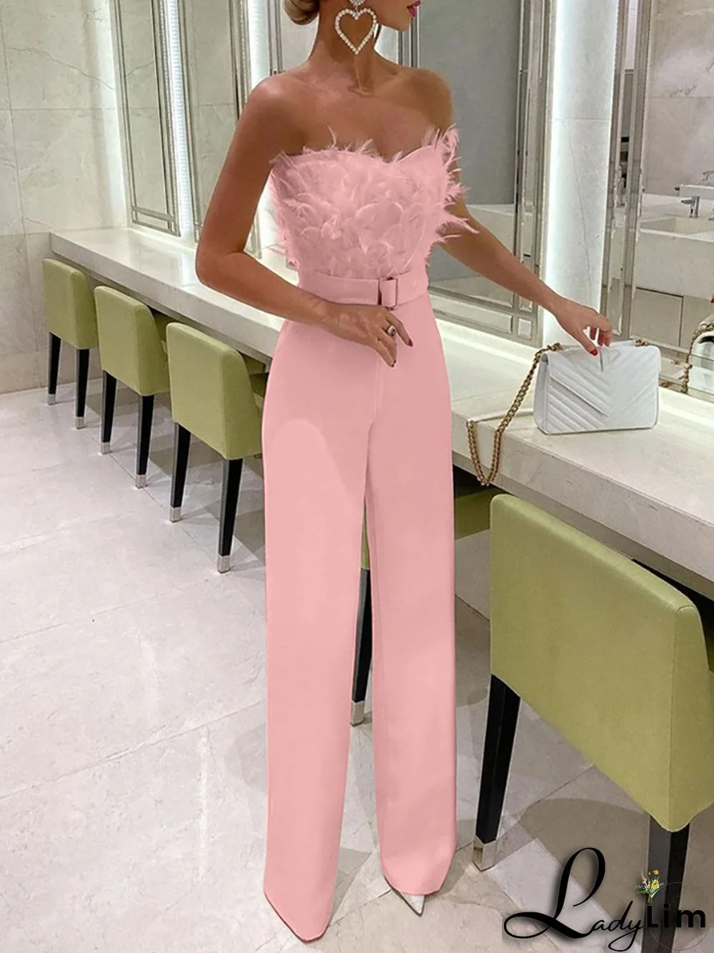 Spring Summer Feather Strapless Sexy Fashion Jumpsuit