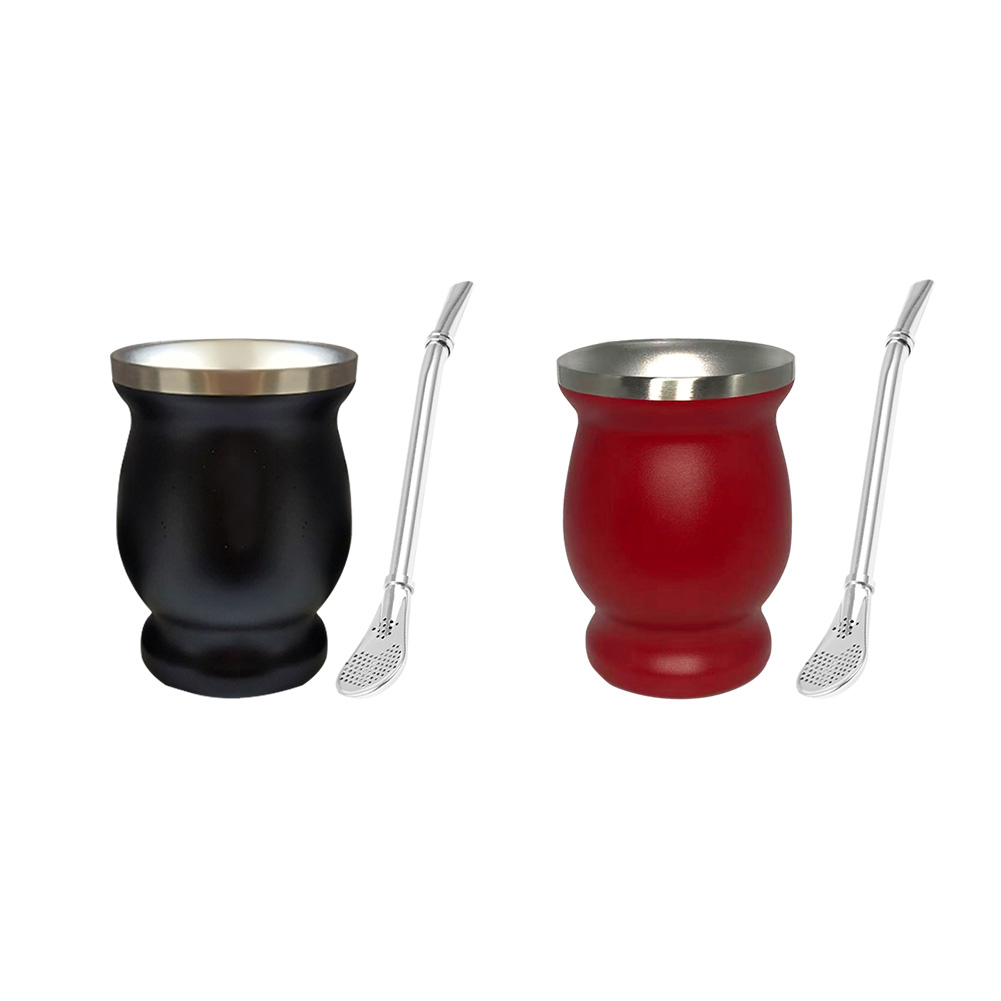 

Double Wall Gourd Tea Cup 8oz Stainless Steel Yerba Mate Tea Cup Straw Set, Black, 501 Original