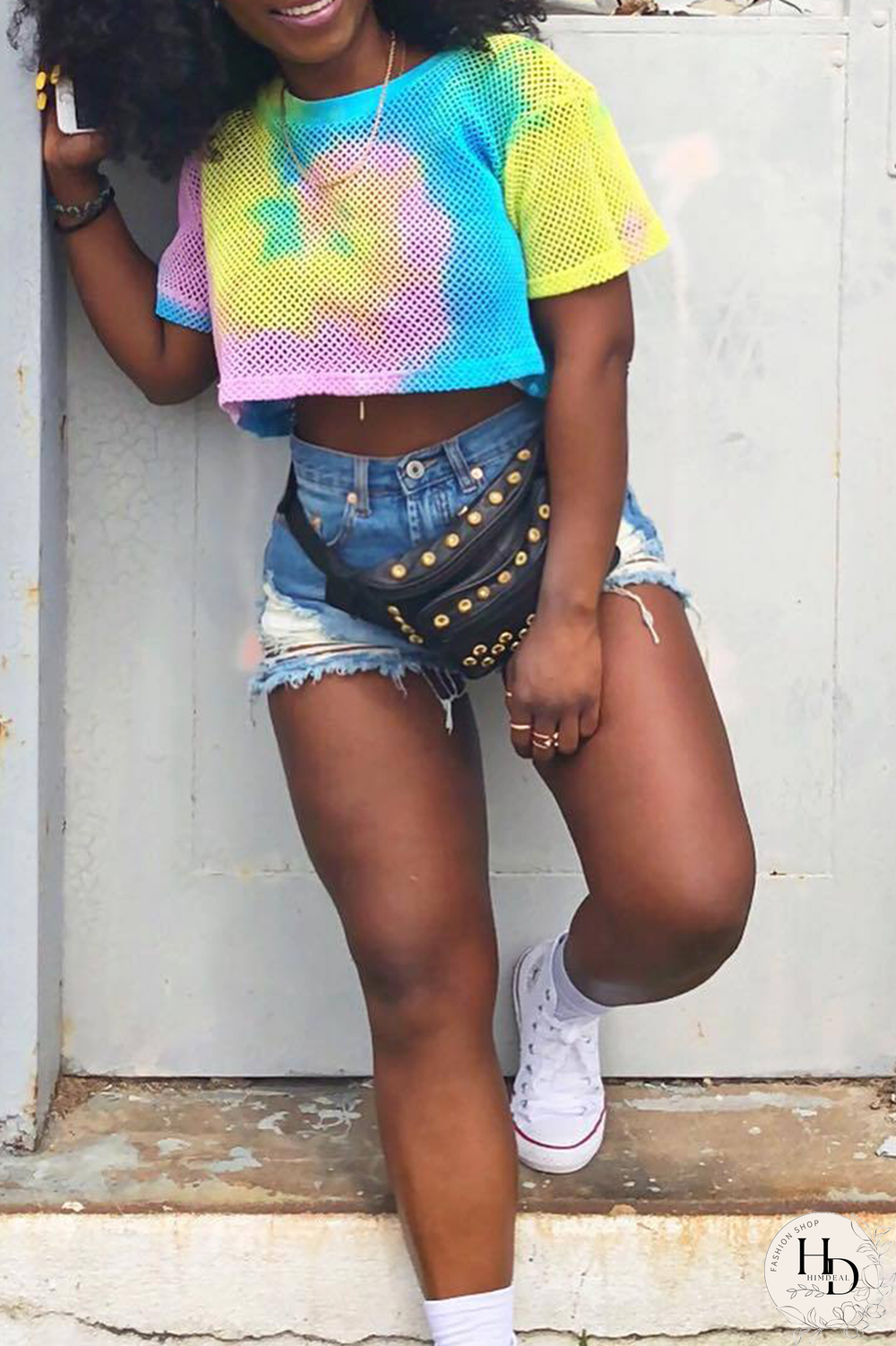 Multicolor Sexy Patchwork Tie-dye Mesh O Neck Tops
