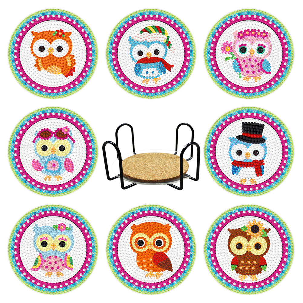 DIY Acrylic Diamond Coaster Set Owl Style (8 Piece Set + 1 Rack) (BD208)