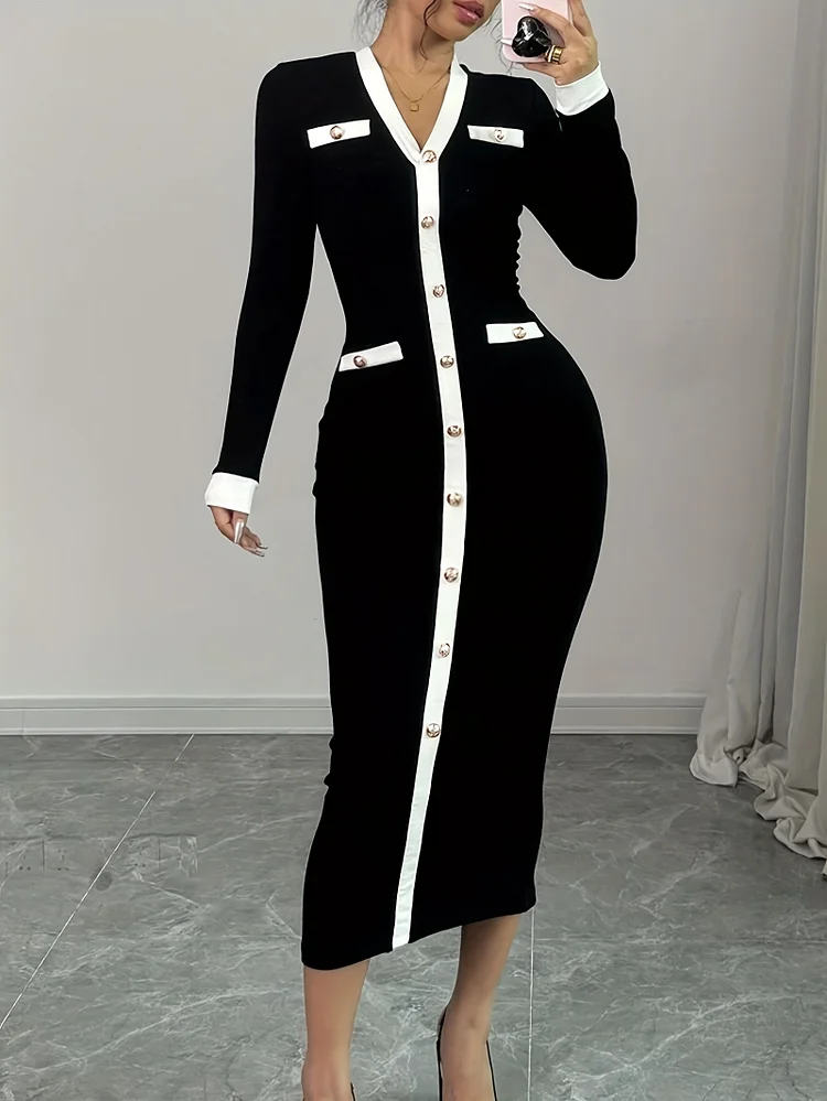 Plus Size Elegant V-Neck Long Sleeve Dress | Chic Black With White Button Details, Knee-Length, Polyester Blend, Machine Washable, All-Season Wear, Stylish Office Attire