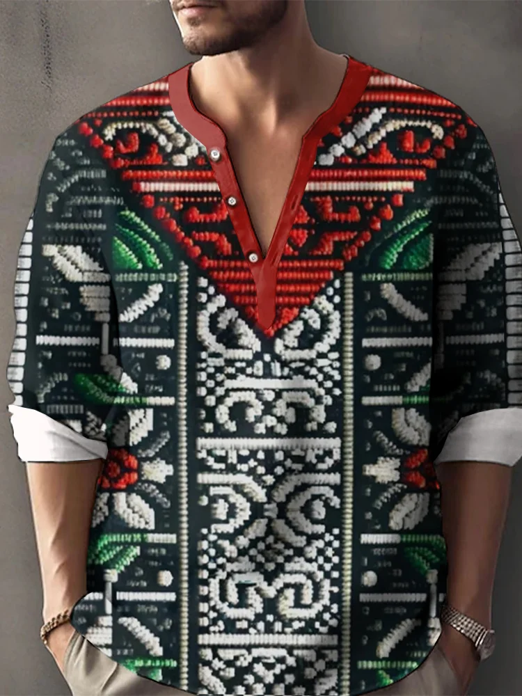 Palestinian Tatreez Pattern Linen Blend Henley Shirt