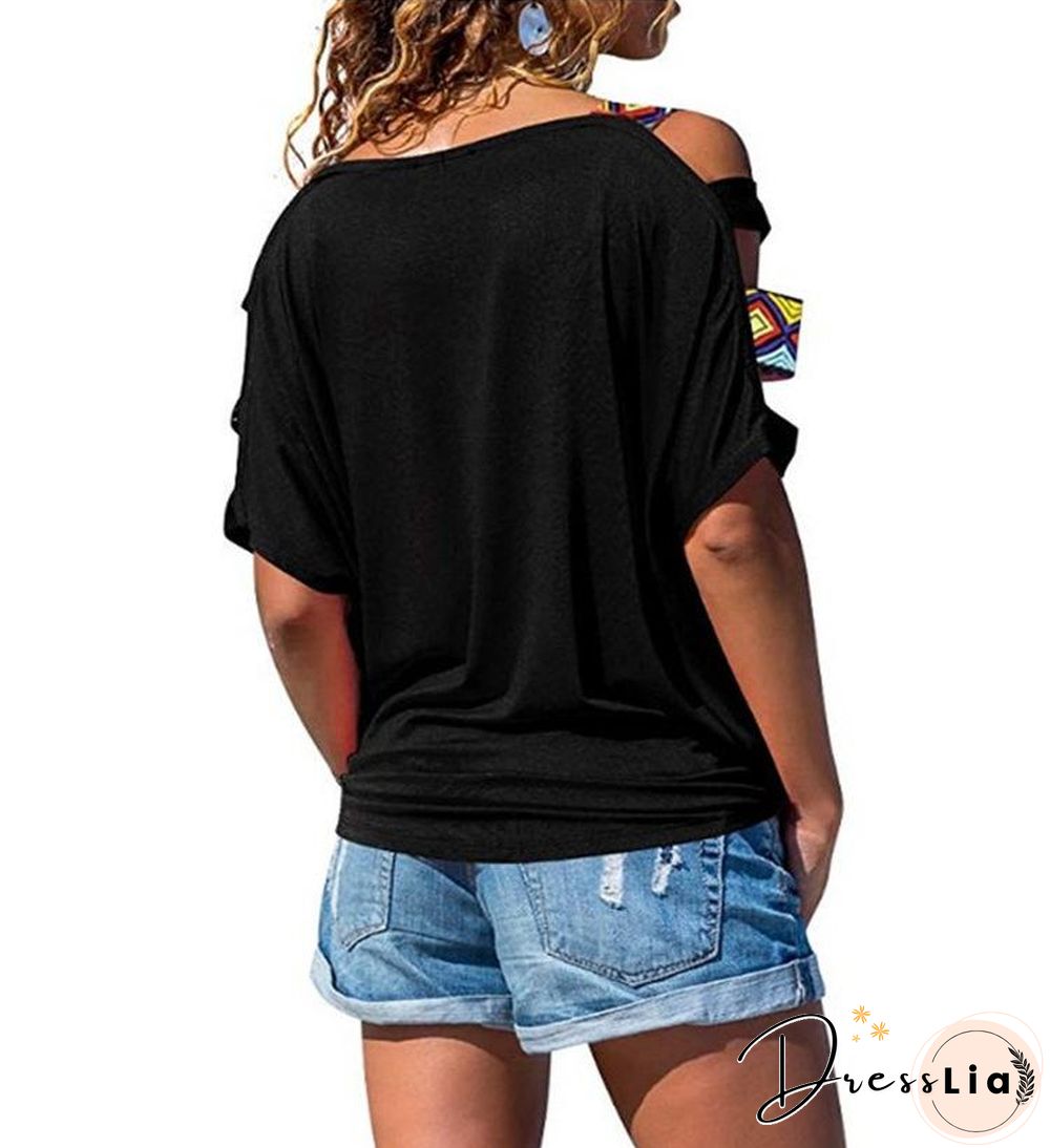 Women's Solid-colored Hollow Short-sleeved Off-the-shoulder T-shirt Top