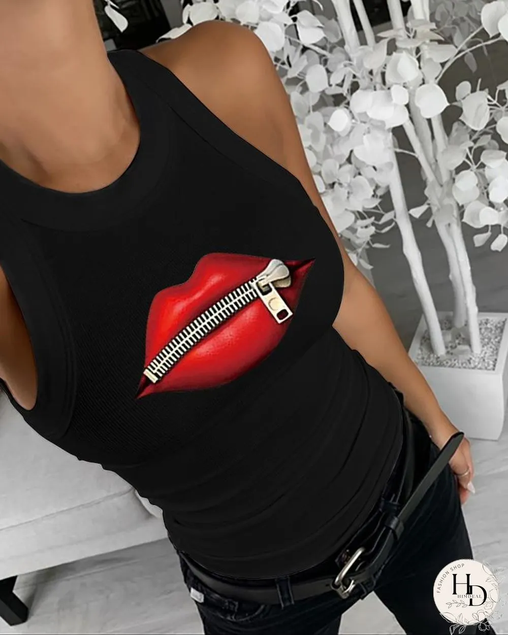 Summer Sleeveless Basic Cami Top Shirt Slim Knit Ribbed Racerback Blouses Lip Zipper Print