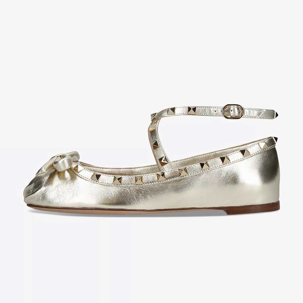 Champagne Metallic Square Toe Flat Ankle Strap Studded Ballet Shoes Nicepairs