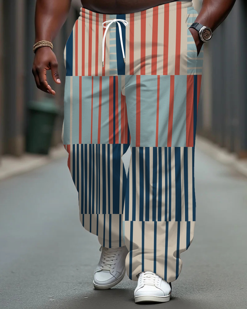 Big Men's Simple Fashion Stripes Splicing Style Pockets Drawstring Daily Casual Pants