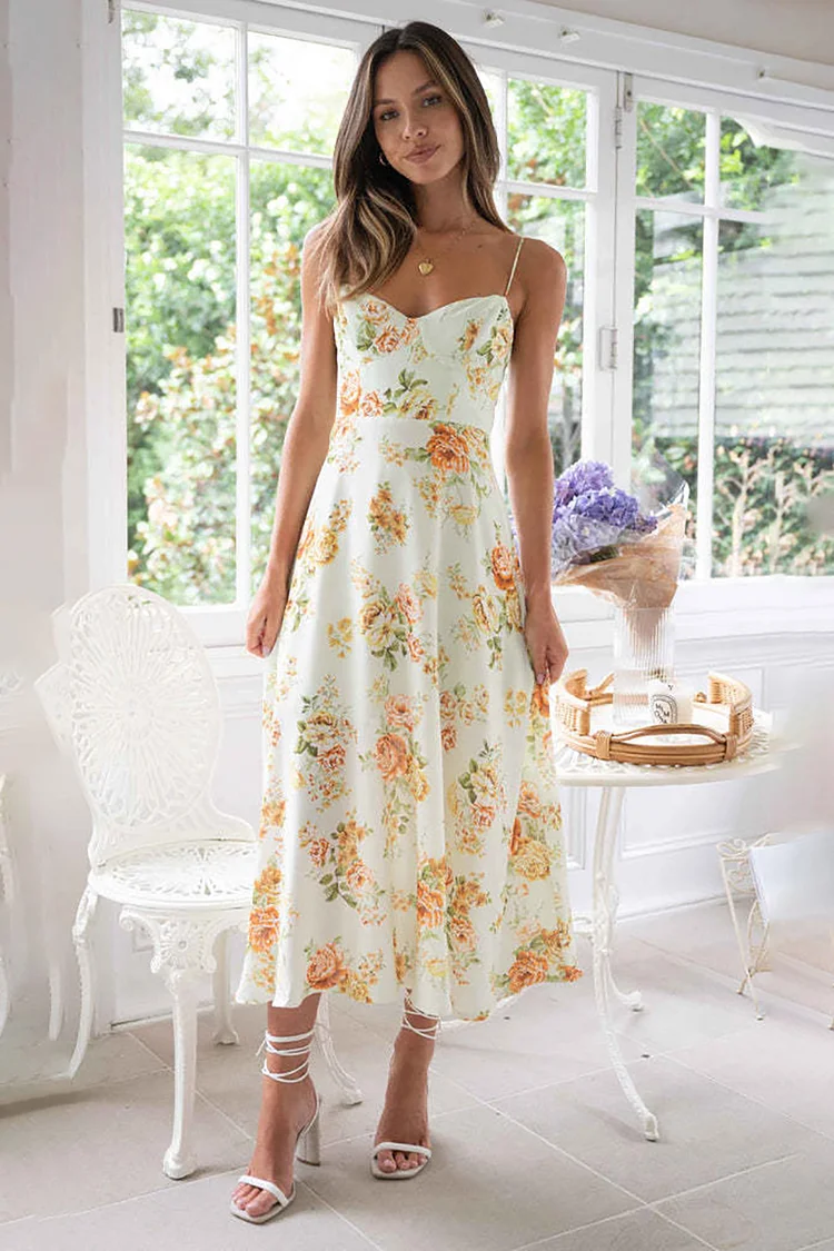 V Neck Backless Floral Print Slip A-line Vacation Midi Dress
