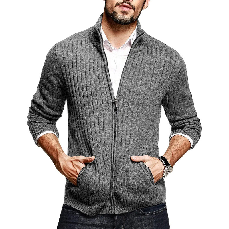 Men's Solid Color Half High Neck Long Sleeve Zipper Slim Knit Cardigan