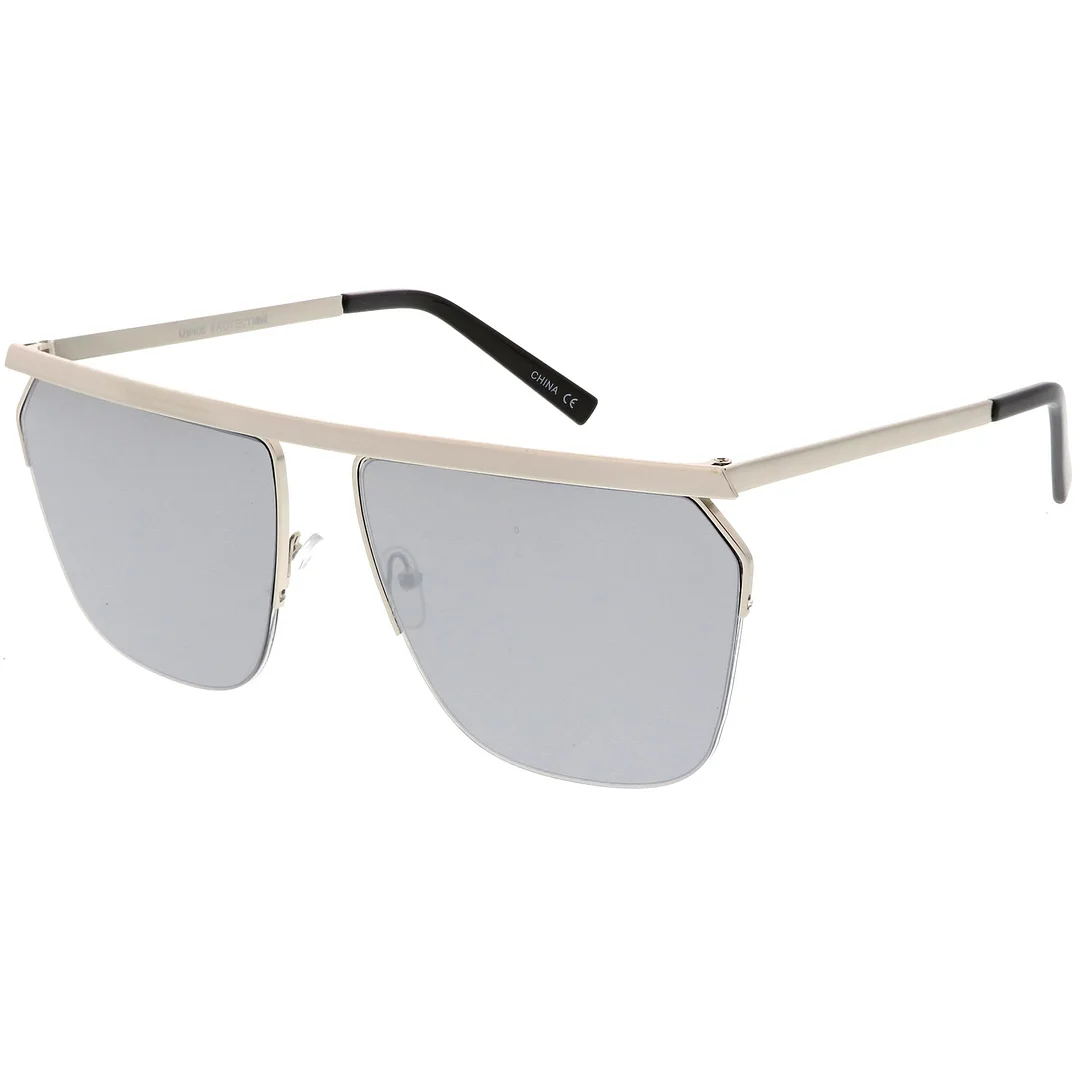 Overesize Modern Semi Rimless Aviator glasses Straight Crossbar Color Mirrored Flat Lens 63mm