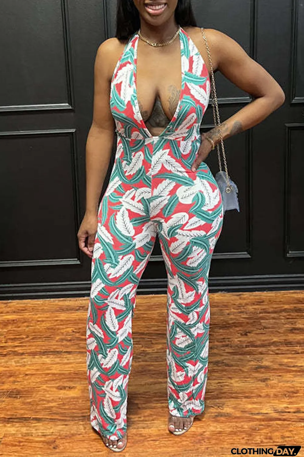 Green Sexy Print Split Joint Halter Regular Jumpsuits