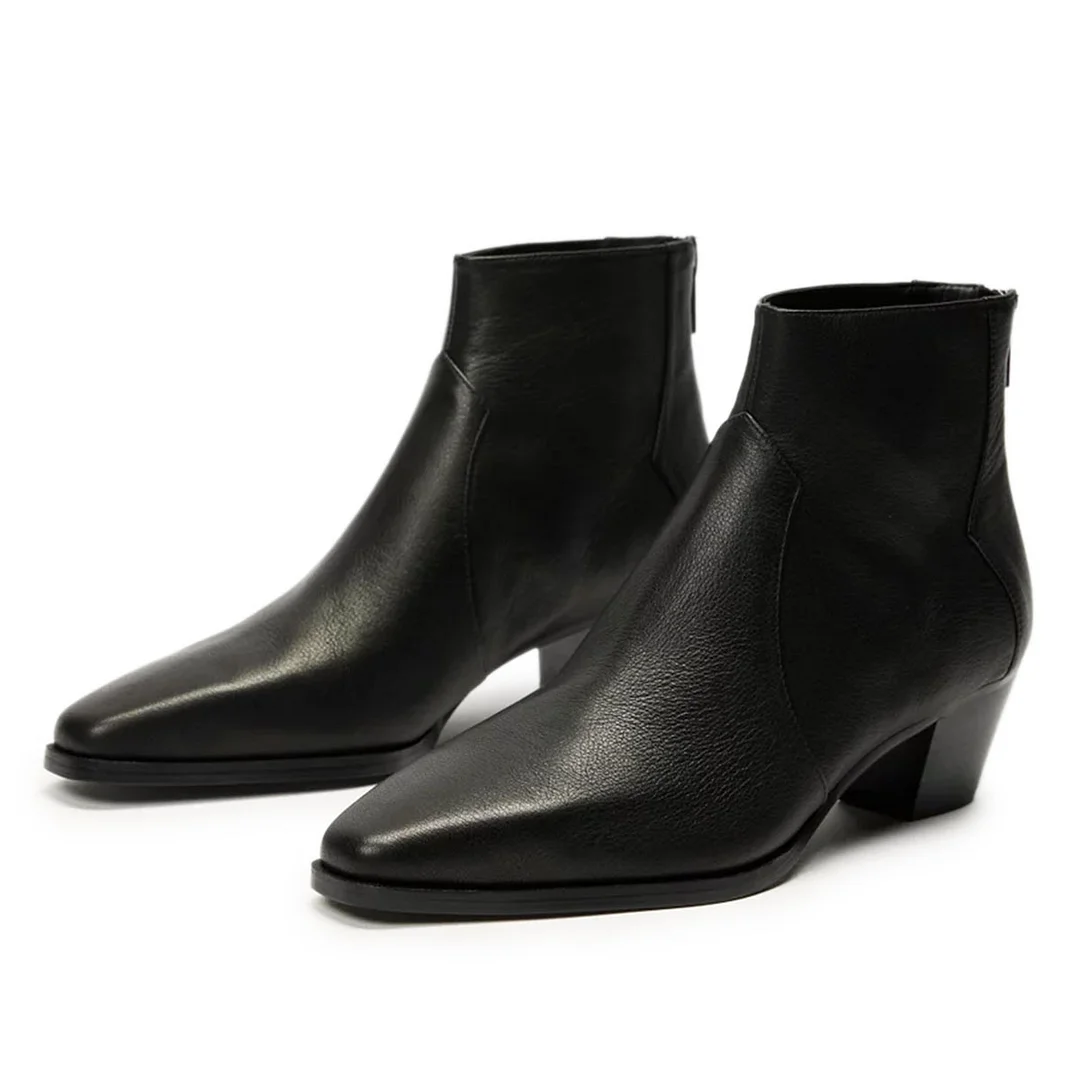 Snip Toe Vegan Leather Back-Zip Block Heel Black Ankle Booties