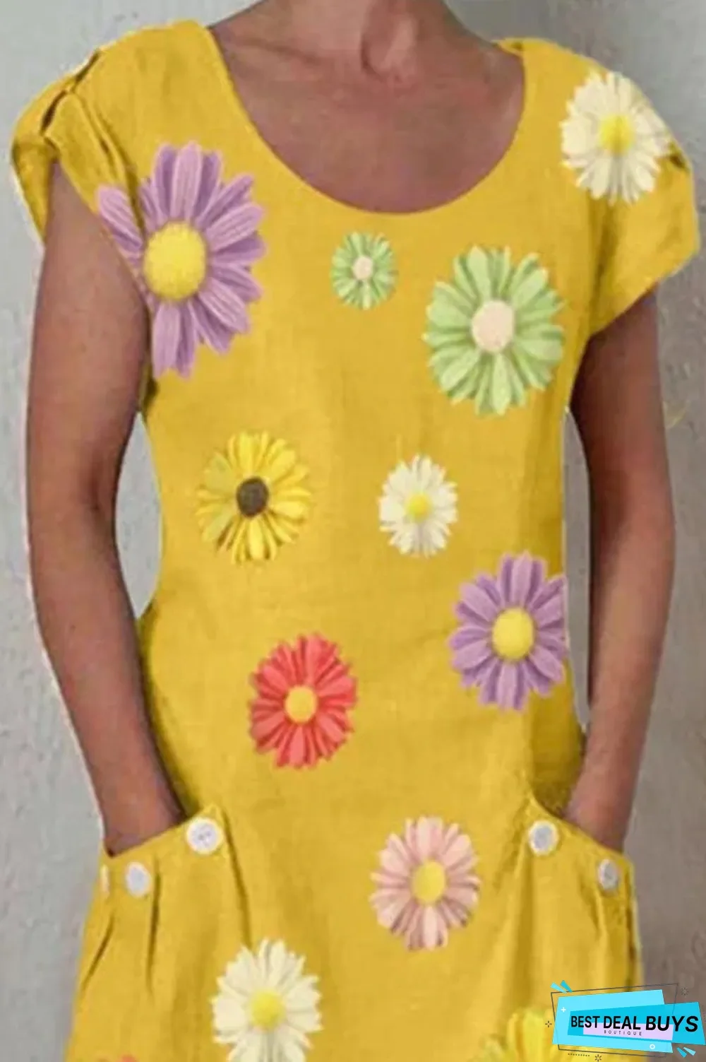 Daisy Print Paneled Short Sleeves Pockets Casual Midi Dress