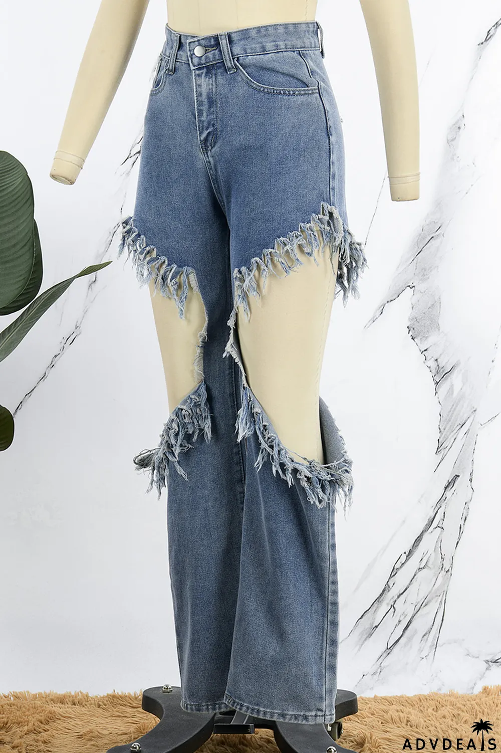 Blue Street Solid Tassel Ripped Make Old Patchwork High Waist Denim Jeans