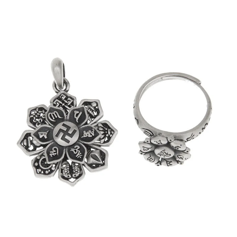 Om Mani Padme Hum Lotus 999 Sterling Silver Swastika Purity Rotatable Necklace Ring