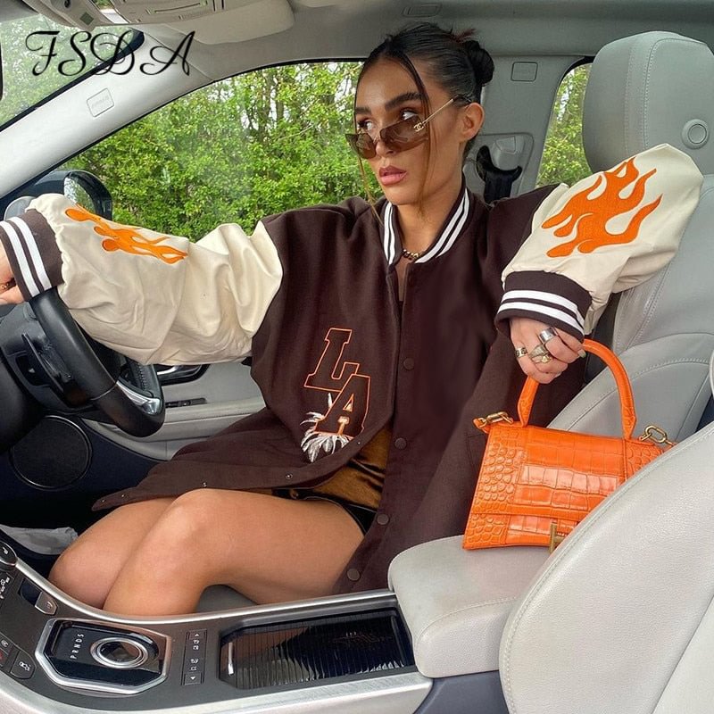 FSDA 2021 Brown Autumn Winter Oversized Bomber Jacket Baseball Women Blue Loose Embroidery Fashion Varsity Coat Vintage