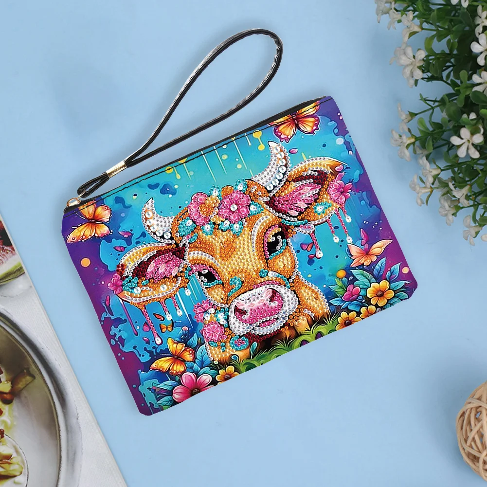 DIY Flowers Cow PU Partial Special Shaped Diamond Painting Wallet Makeup Bag