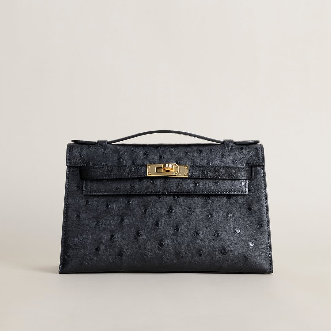 Kelly pochette  Ostrich CC89 Noir GHW