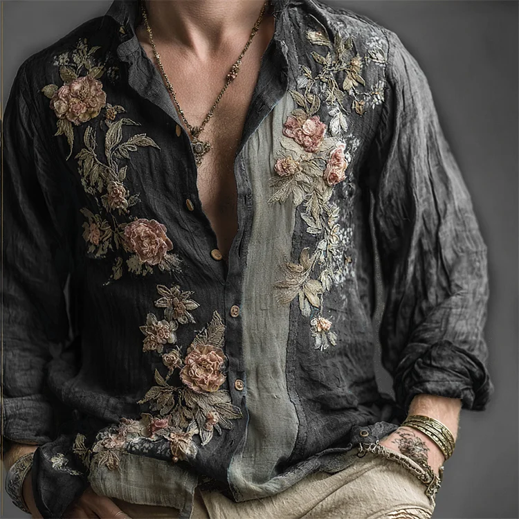 Men's Vintage Floral Embroidered Breathable Linen Shirt
