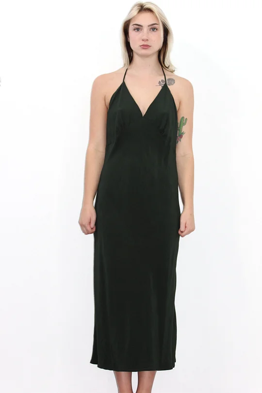 Long silk slip dress - Steel lurex and black Agatha lace