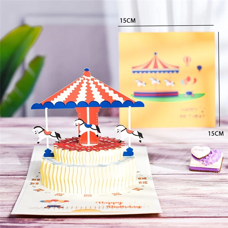 10 Pack 3D Pop-Up Cards Birthday Card Merry-go-round Greeting Card Postcard wholesale with Envelope Stickers