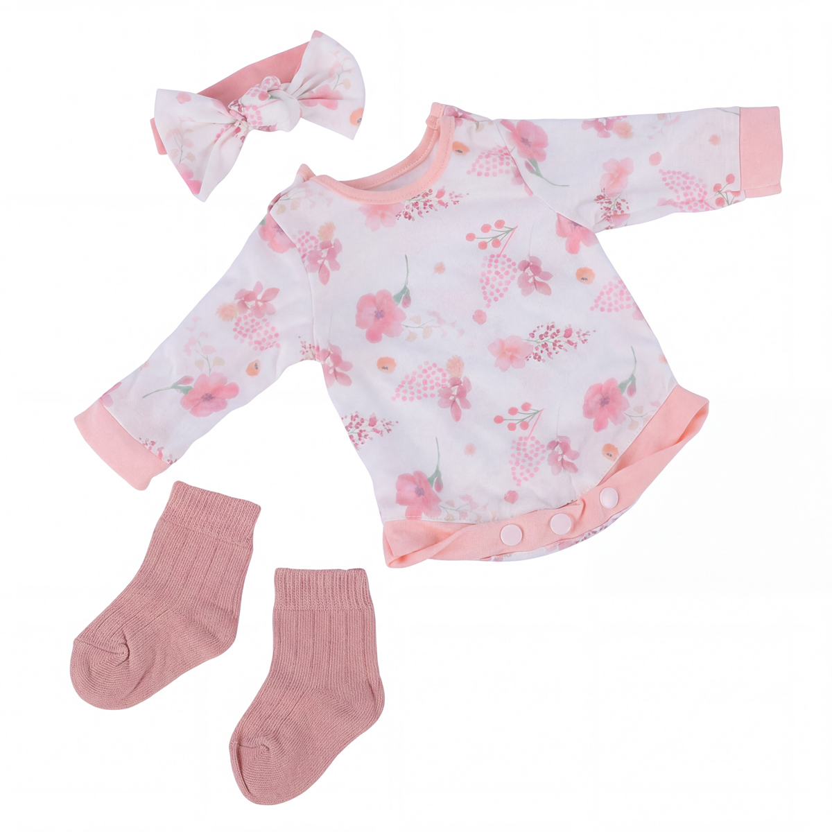 20-Inch Floral Pink and White Romper 3 Pieces Set for Reborn Baby
