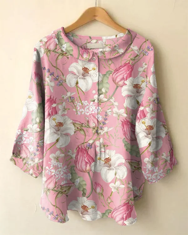 Vintage Long Sleeve Peter Pan Collar Floral Print Shirt