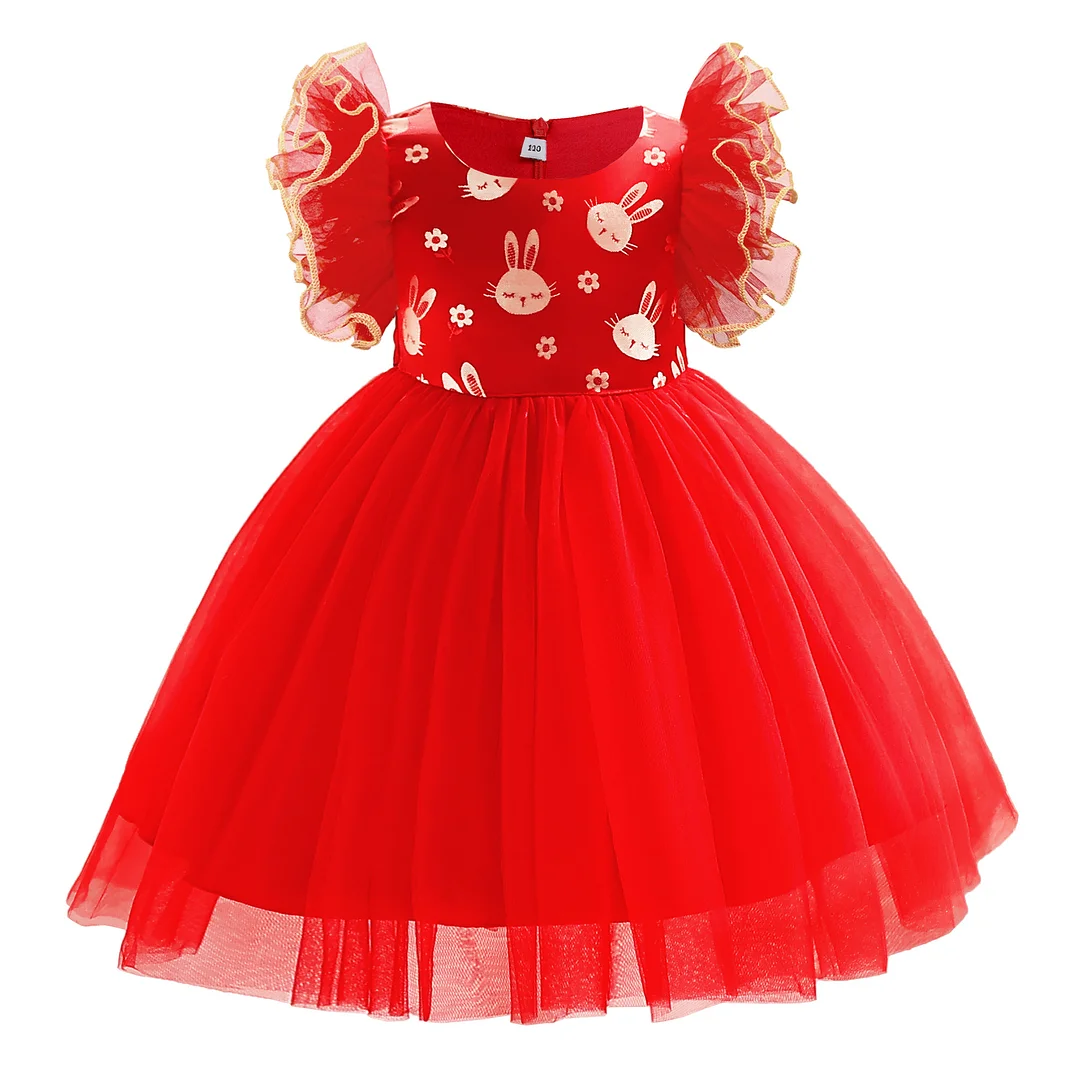 Chinese Red Rabbit Embroidered Princess Dress - Kids' Dress with Flutter Sleeves and Tulle, Perfect for Little Girls