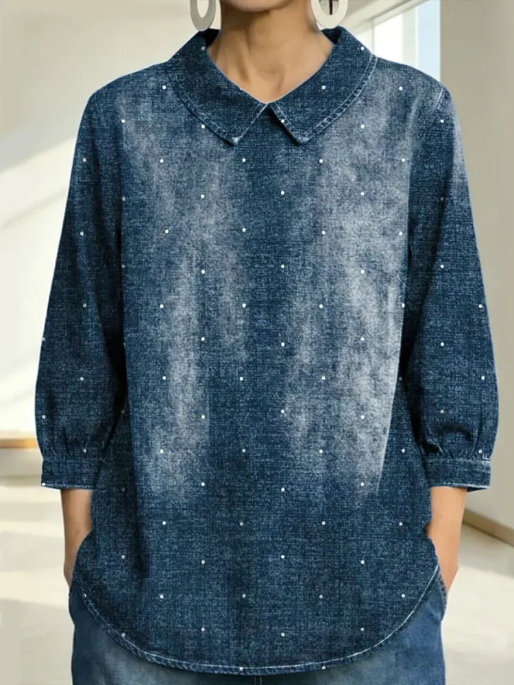 Women's Dot Pattern Art Print Casual Denim 3/4 Sleeve Shirt socialshop
