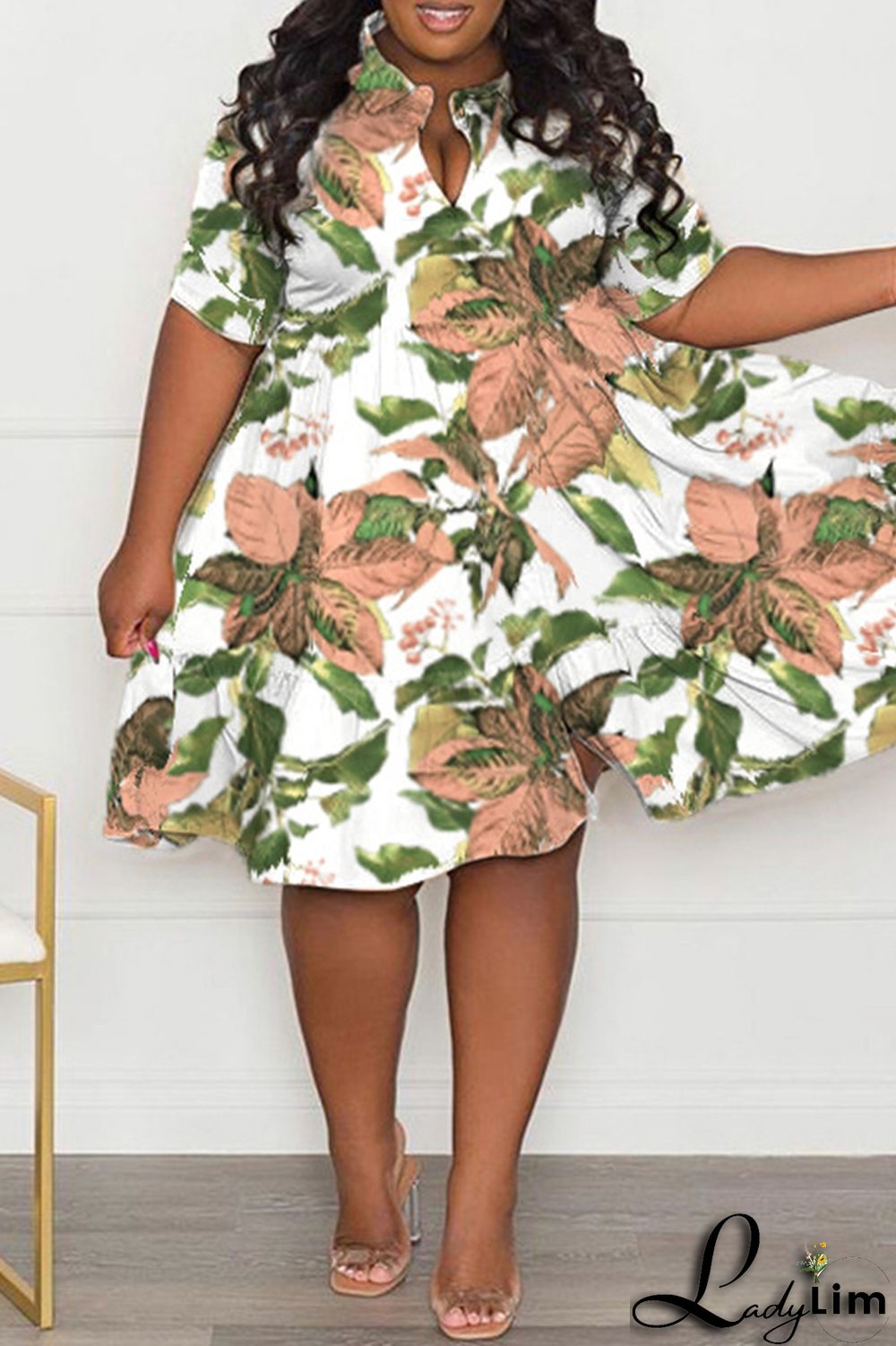 Purple Casual Print Patchwork Fold Turndown Collar A Line Plus Size Dresses