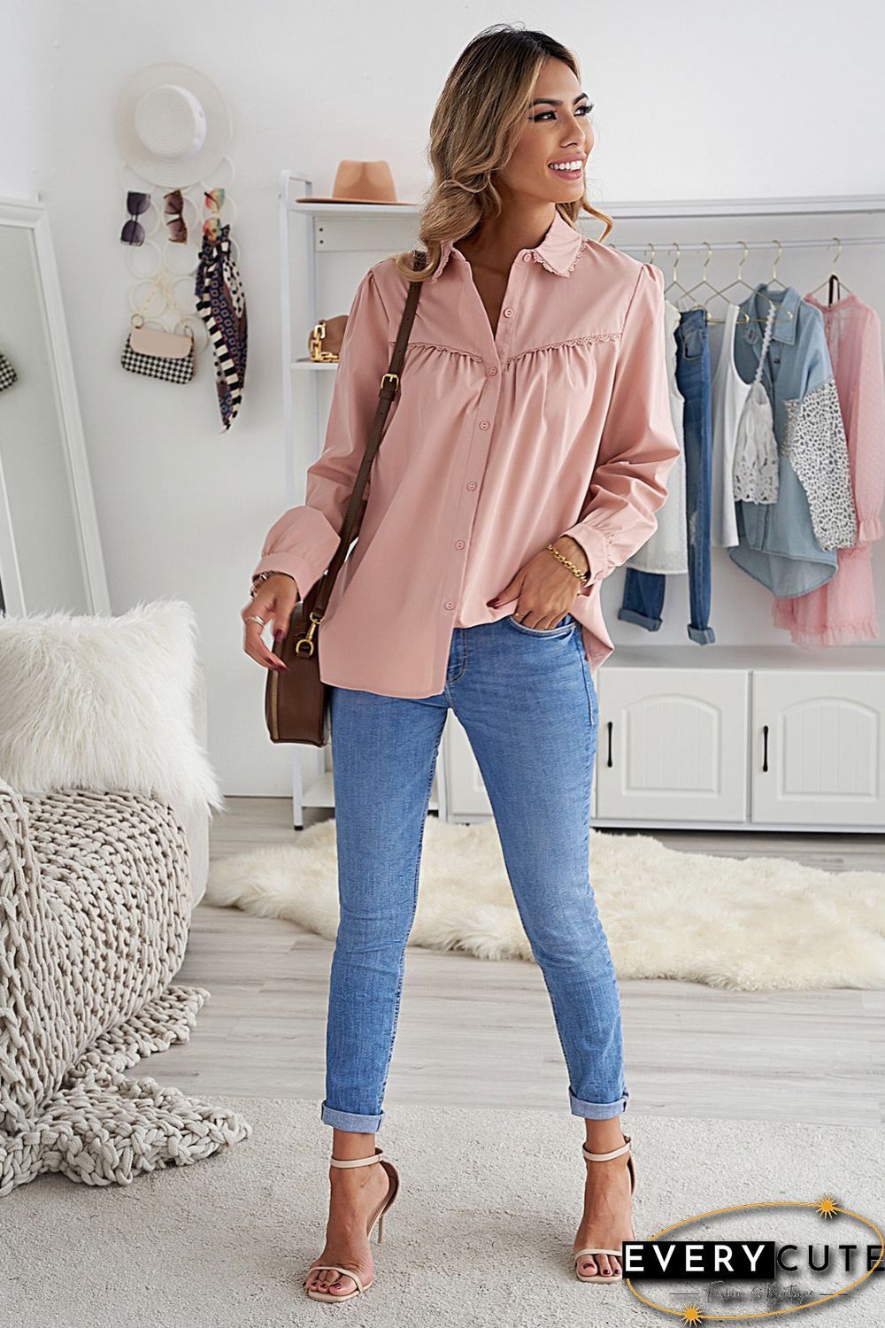Pink Plain Pleated Bust Cuffed Sleeves Shirt