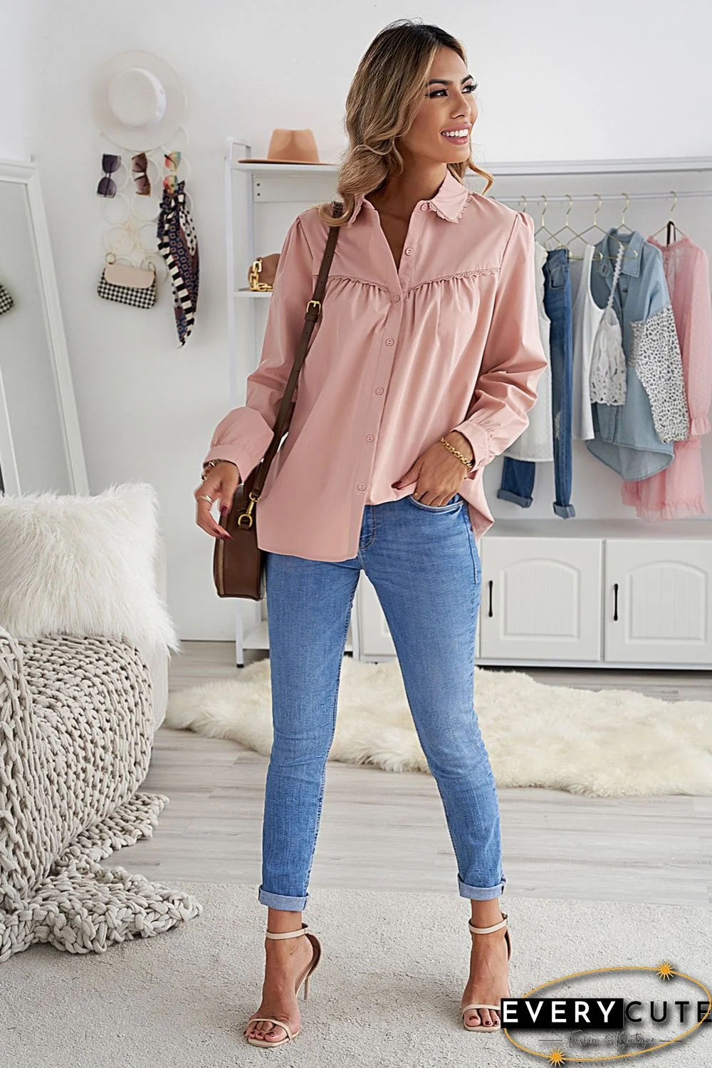 Pink Plain Pleated Bust Cuffed Sleeves Shirt